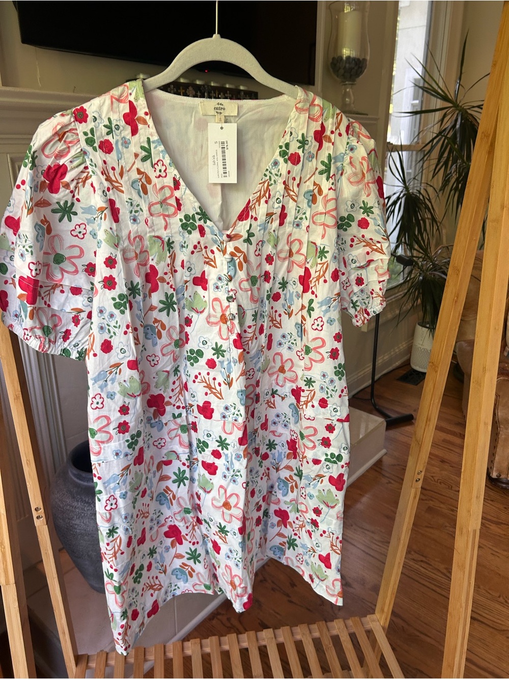 *can’t ship until 05/16* fab'rik White Floral Mini Dress with Red & Green Print